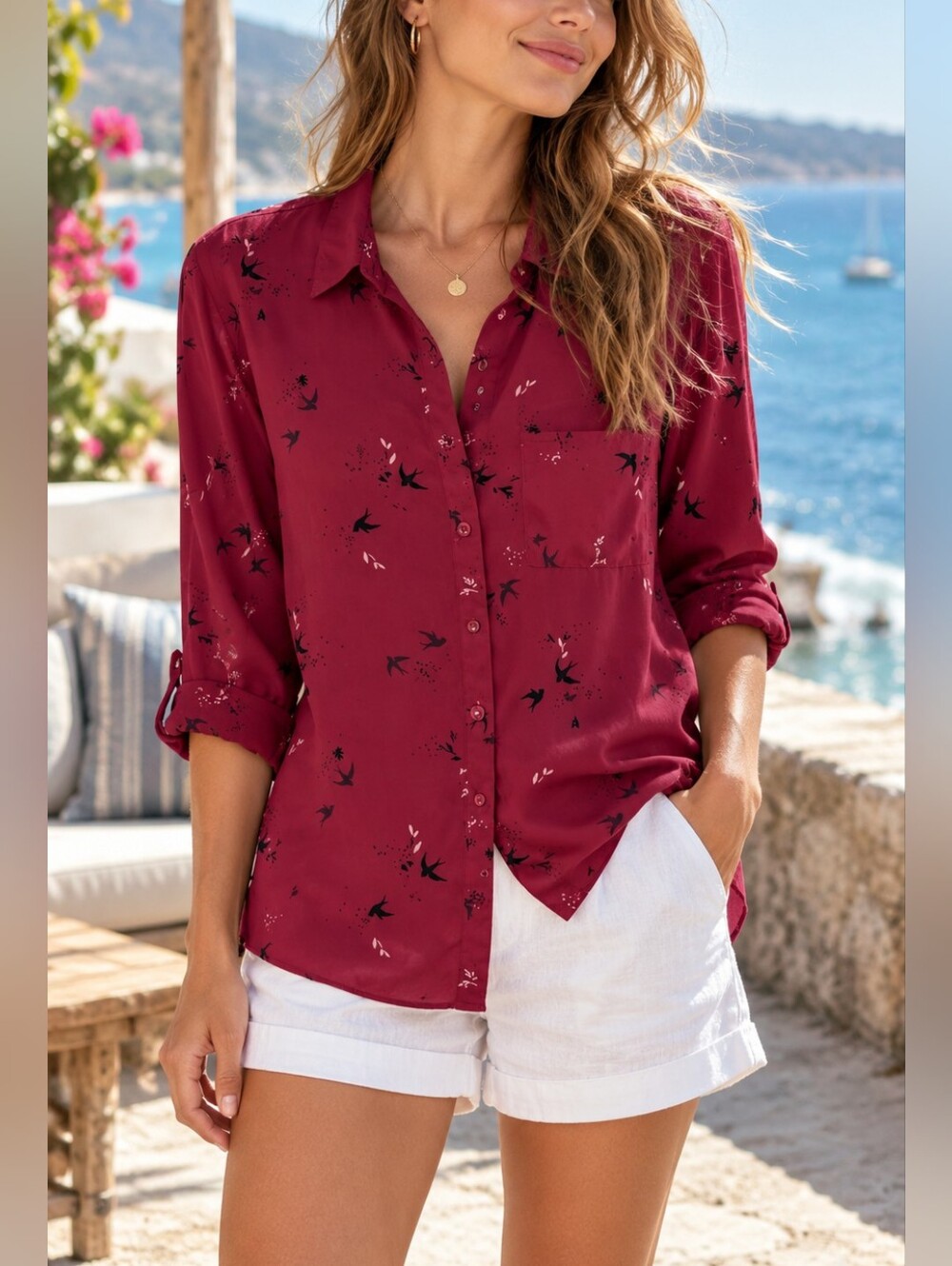 Reitmans Bird Print Button Down Blouse Shirt Women's Size M